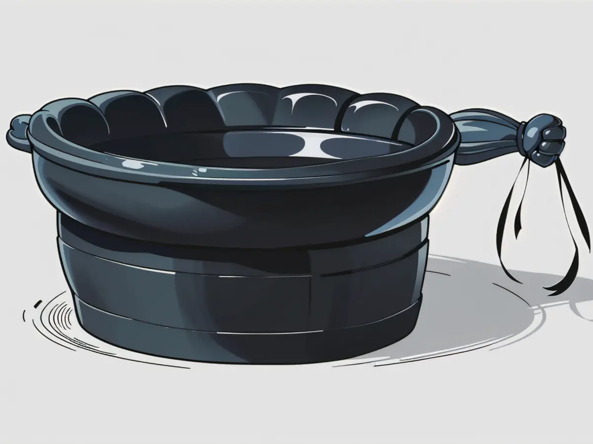 A gloomy, charcoal-hued basin A dark-hued, spherical container made of some material.