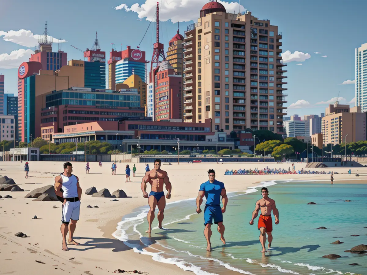 Vibrant beach culture contrasts with towering urban landscape in Benidorm, as captured in Ball's photographs. Vivid snaps by Ball highlight the striking contrast between Benidorm's bustling beach ambiance and its towering cityscape.