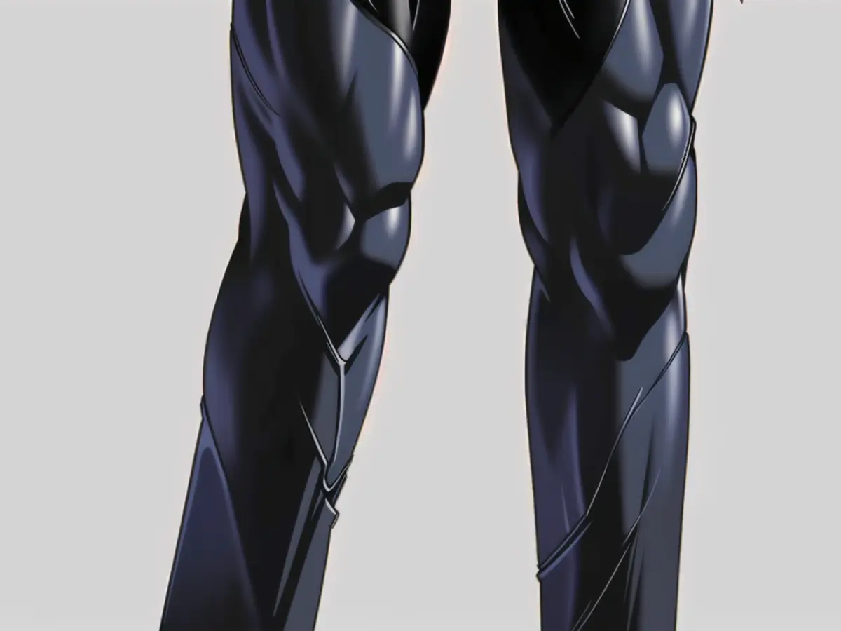 Modern model donning high-waisted black synthetic leather trousers and stiletto heels, presenting a fashionable and contemporary look.